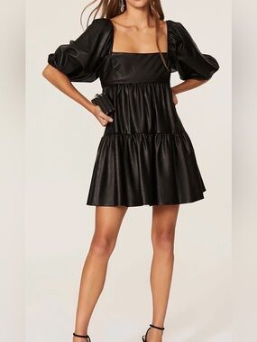 Amanda Uprichard Black Faux Leather Maisie Tiered Mini Dress